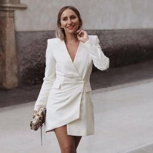 ZARA DRAPED STRUCTURED BLAZER DRESS WHITE